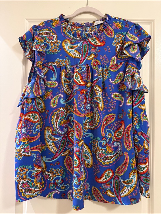 Wonder Tops - Wonder Women’s Bright Blue Paisley Ruffle Blouse